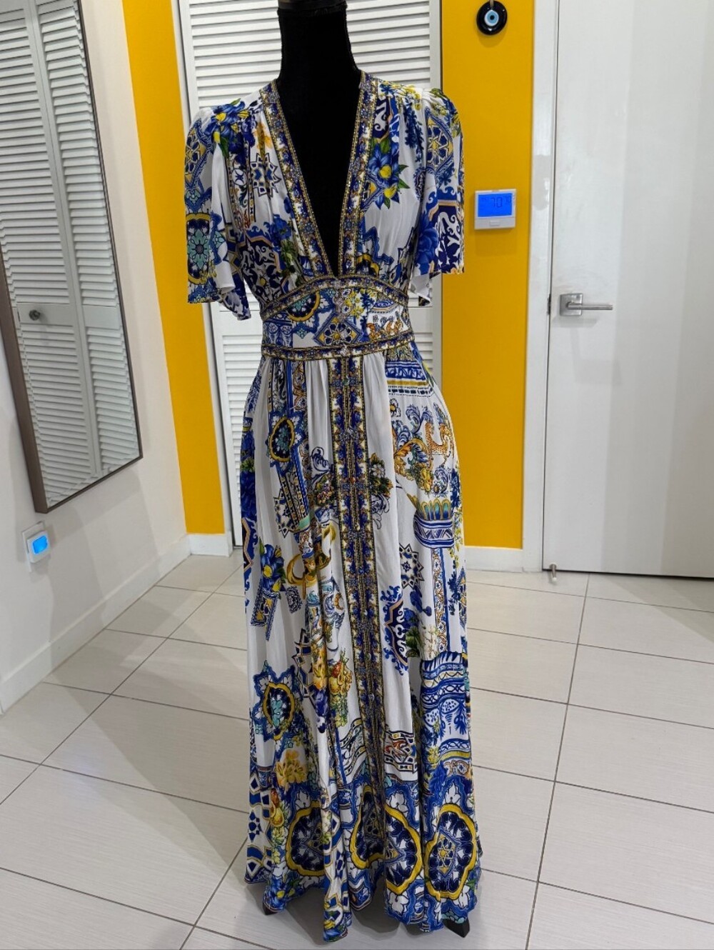 Camilla White Maxi Dress with Blue and Gold Tile Print